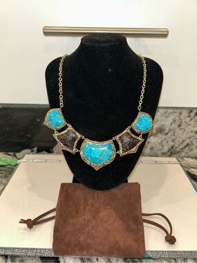 Barse Bronze Turquoise & leather Statement Necklace - Blue Turquoise Accent